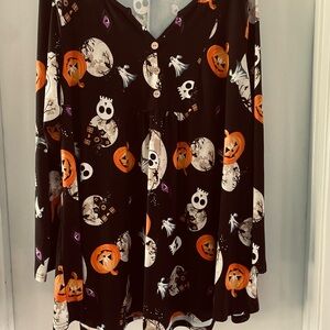 Women’s Black Halloween Pumpkin & Ghost Print Long-Sleeve Blouse